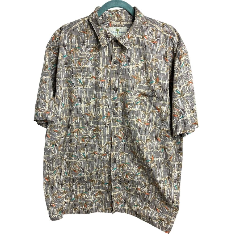 Island Shores Men's XL Taupe Beige Tropical Cotton Woven Button-Up Shirt